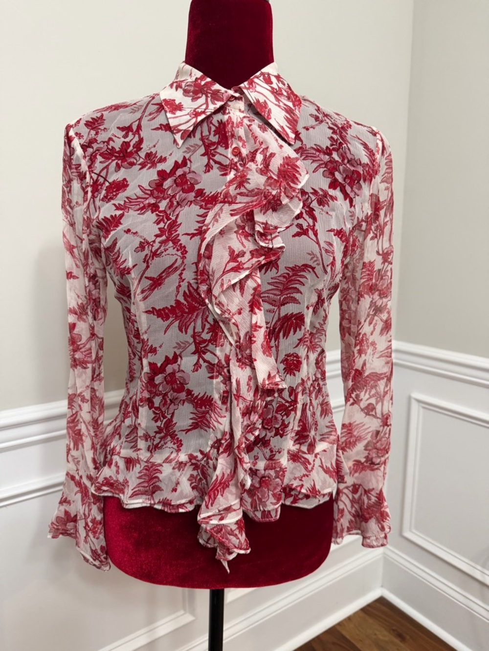 Solezia 100% Silk Chiffon Ruffle Blouse Floral Toile Print Korean Luxury